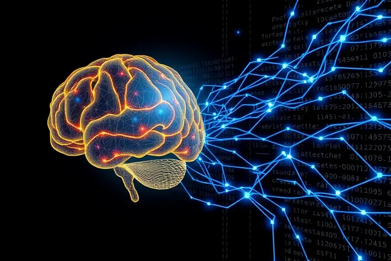 A conceptual illustration of a human brain transforming into digital code and circuitry, symbolizing the transition from abstract thought to technical implementation. The image should feature a glowing brain on the left side that seamlessly morphs into streams of binary numbers and glowing blue lines on the right side. The background should be dark to emphasize the glowing elements.