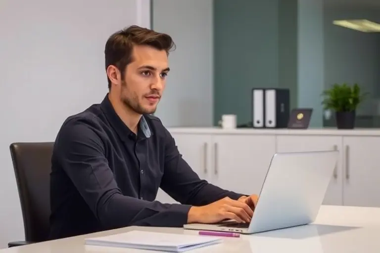 A serene and focused individual sitting at a modern desk with a laptop, displaying a calm and responsible atmosphere, soft lighting, minimalist interior, high quality, detailed