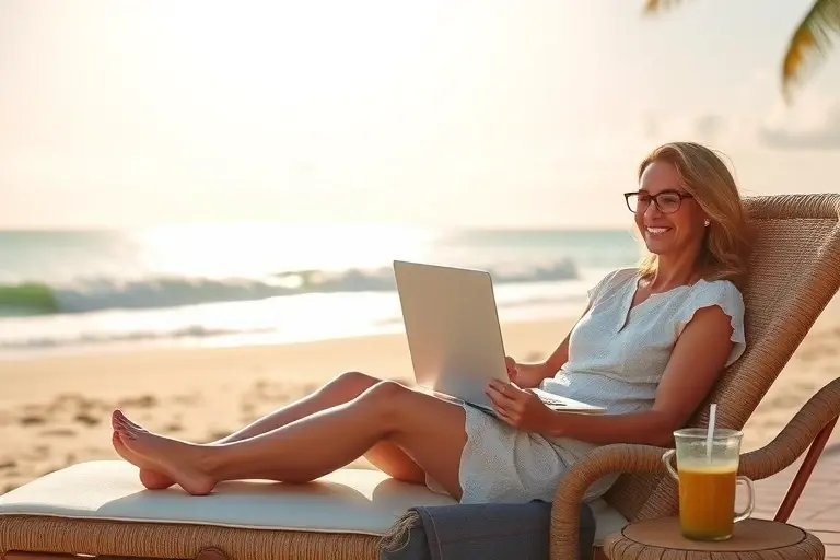A serene person sitting comfortably on a lounge chair by a tropical beach, holding a laptop and smiling, with a refreshing drink on the side table, enjoying a perfect balance of relaxation and productivity under the warm sun.
